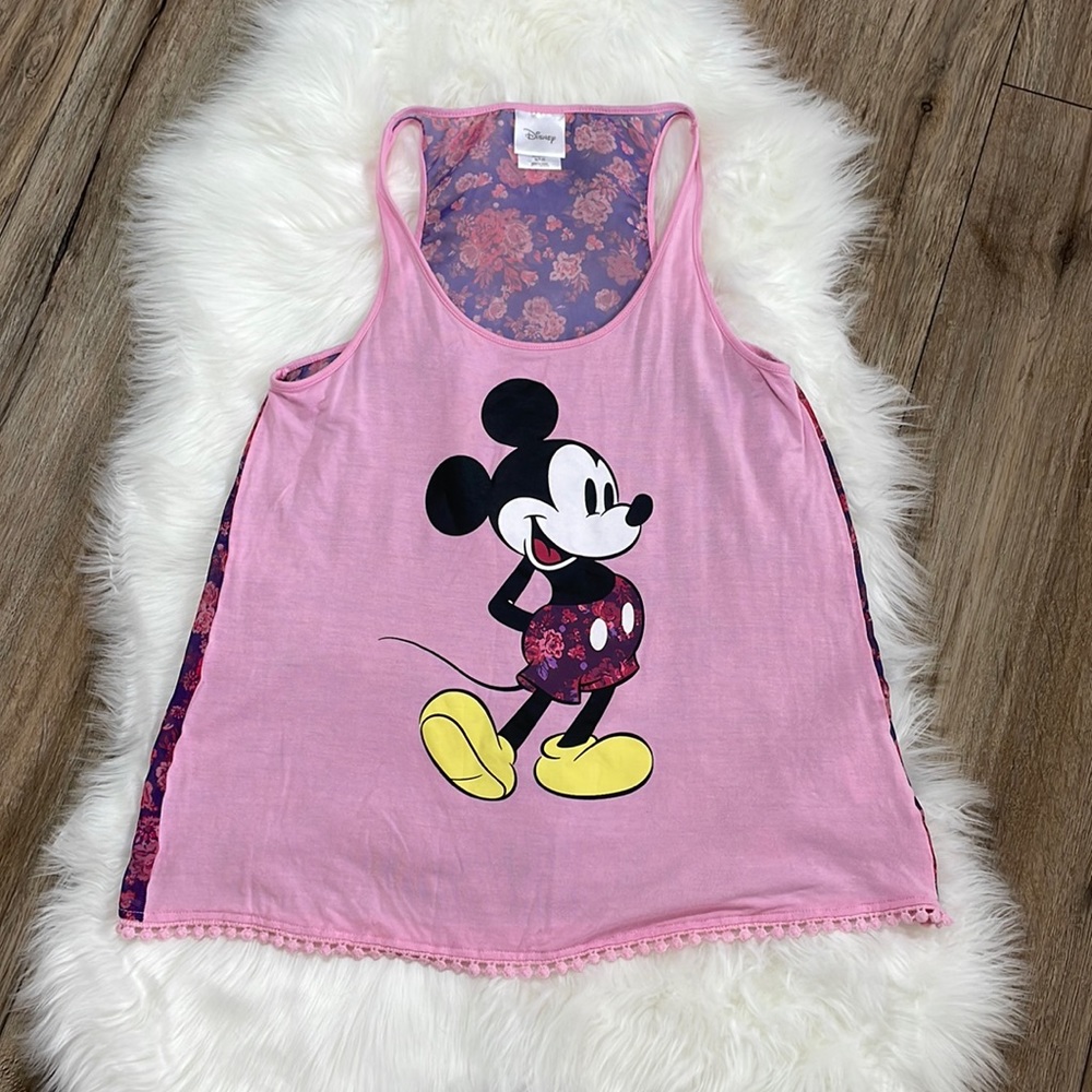 Disney Mickey Mouse Sheer Floral Back Racerback Tank Size M 7-9 Junior